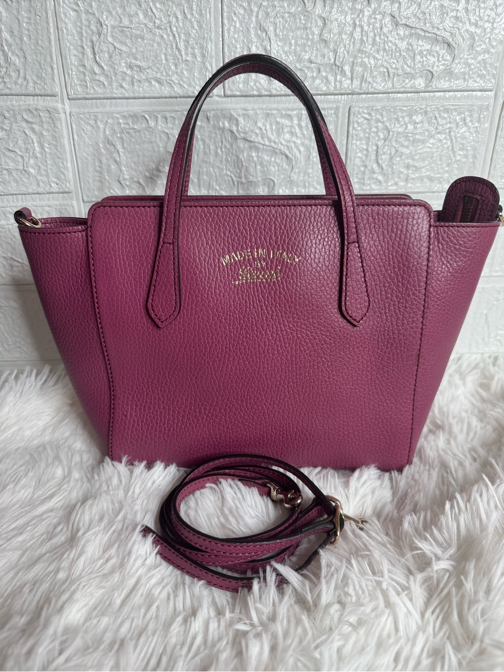 Gucci Satchel Mini Tote Plum Pebbled Leather with Detachable Strap